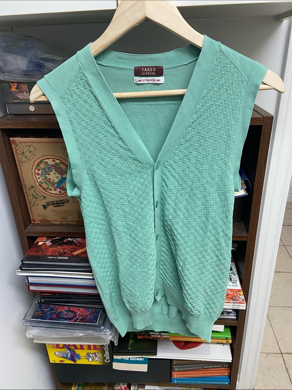 Vintage Takeo Kikuchi Mint Green Textured Sleeveless Cardigan